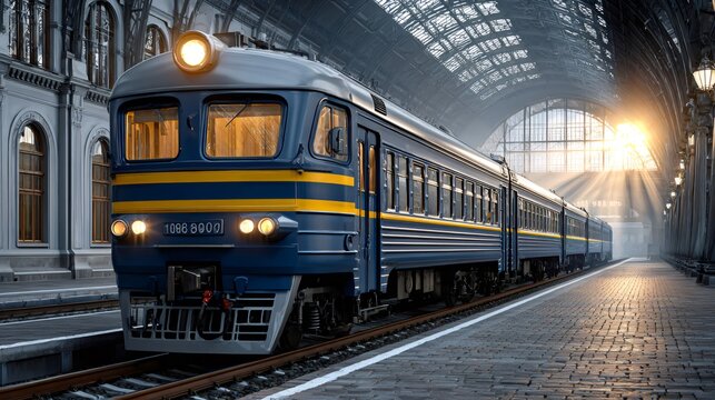 Passenger train at station platform with sunset light