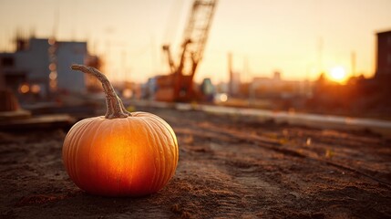 Autumn meets industry: a vibrant pumpkin basks in the sunset's glow against a construction site backdrop. A unique juxtaposition of nature and progress. Festive yet raw.