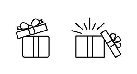 Simple line art illustration depicting two gift boxes one closed and one open