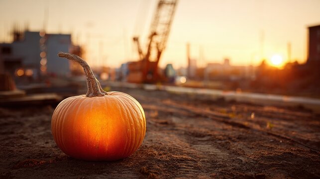 Autumn meets industry: a vibrant pumpkin basks in the sunset's glow against a construction site backdrop. A unique juxtaposition of nature and progress. Festive yet raw.