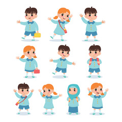 School Children In Uniform Greeting And Playing Illustration Collection