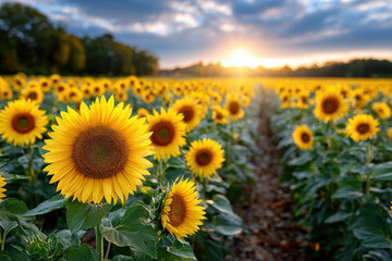 Fototapeta premium Sunflowers at Sunset in a Vast Field