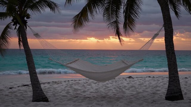 Relaxing evening on a beach hammock under palm trees with a stunning sunset view