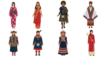 Traditional female costumes from various cultures