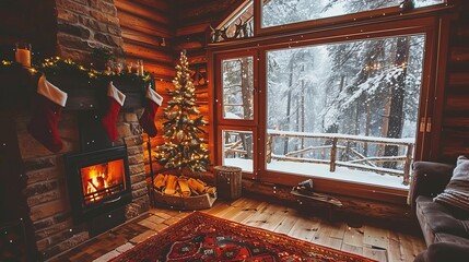 A cozy living room with a fireplace, a Christmas tree, and a couch.