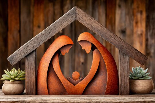Minimalist nativity scene with holy family figures under wooden roof