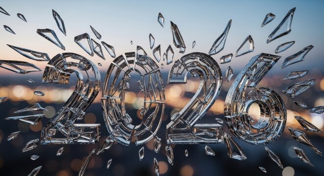 Exploding Crystal Numbers Representing the Year 2026 Breaking Apart Over a Cityscape at Dusk