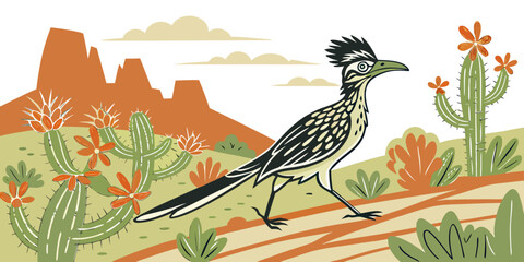 Naklejka premium “Roadrunner in cactus landscape, southwest vector”