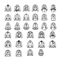 silhouette pack of 12 editable thin linear outline with pure white background jacket icons set