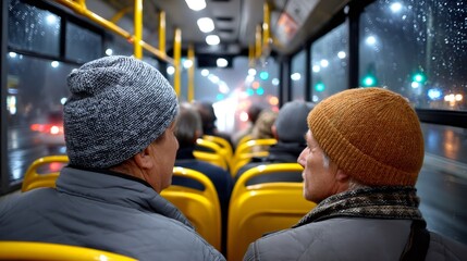 Passengers talking on bus at rainy night