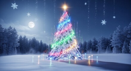 Enchanting Winter Night Decorated Christmas Tree Twinkling Lights Snowflakes