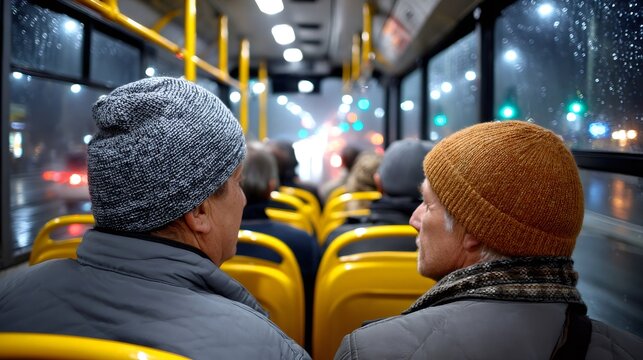 Passengers talking on bus at rainy night - Powered by Adobe