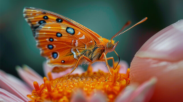 A close-up of a butterfly on the flower. Orange colorful butterfly macro photo.