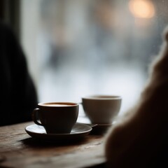 Fototapeta premium 451. friends enjoying coffee in a cozy cafe, editorial style, natural window light, minimal composition, generic props only