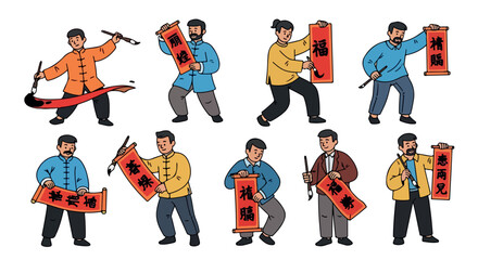 Chinese New Year celebration figures with scrolls