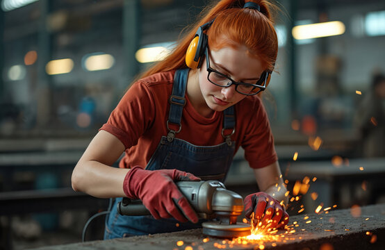 Girl grinds metal with grinder in workshop wearing safety glasses. Sparks fly during metalwork. Female technician works in industry with protection equipment. Young apprentice demonstrates occupation