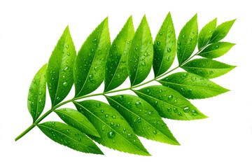 Fresh green leaves with water drops on white