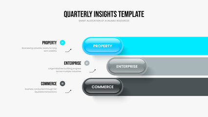 Market Report Presentation Layout Vector Illustration. Enterprise Portfolio Three Element Diagram Slide Design. Investor Launch 3 Step Infographic Slideshow Template.