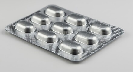 Silver blister pack containing eight pharmaceutical pills in a rectangular grid formation