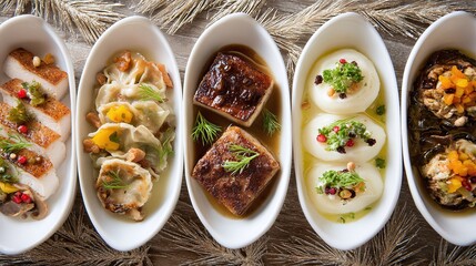 Assorted gourmet dishes plated in elongated dishes are displayed on a rustic wooden surface. The selection features chicken, pasta, pork, and a variety of garnishes.
