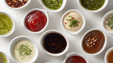 A curated collection of diverse sauces and condiments, meticulously arranged in petite white bowls, perfect for enhancing any culinary creation with a burst of flavor.