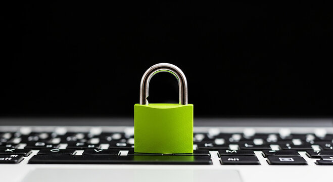 Concept of internet security with a green closed lock on a computer, symbolizing robust digital protection and cybersecurity