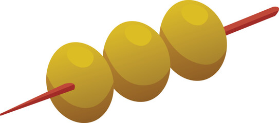 Green olives on a skewer, pickled appetizer, organic ingredient.