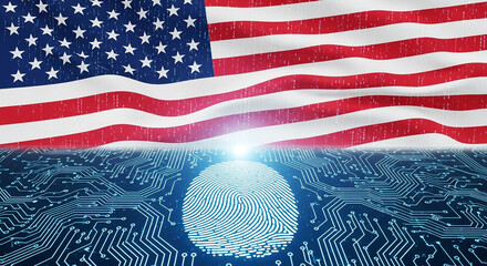 Conceptual illustration of national cybersecurity in the United States with a digital fingerprint over a circuit board and the American flag