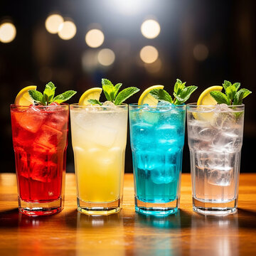 A vibrant flight of four colorful craft cocktails, expertly mixed and garnished with lemon and mint on a bar