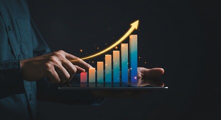 Business growth chart with upward arrow on tablet, representing financial success and positive trend
