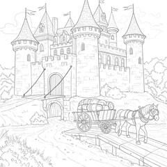 Fototapeta premium A horse-drawn carriage approaches a medieval castle