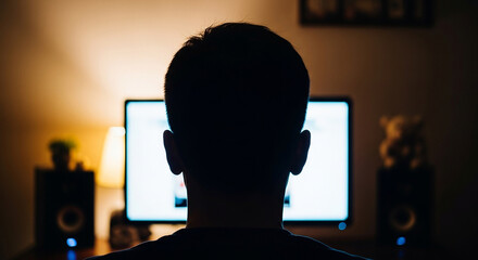 Person working on a computer at night with back to viewer - Whisk_e5796b1e1d056618e084b37257c21f4edr