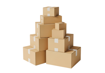 Stacked cardboard boxes of various sizes, shipping and delivery isolated on transparent background