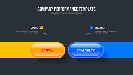 Business Performance Two Option Infographic Slide Template. Financial Campaign 2 Step Diagram Presentation Layout. Marketing Overview Slideshow Design Vector Illustration.