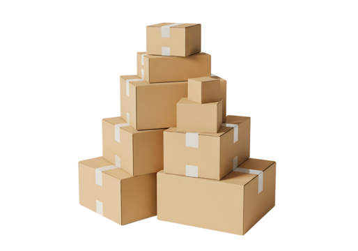 Stacked cardboard boxes of various sizes, shipping and delivery isolated on transparent background