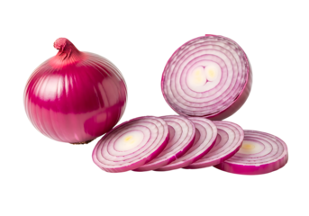 Fresh whole and sliced red onion displaying vibrant purple rings isolated on transparent background