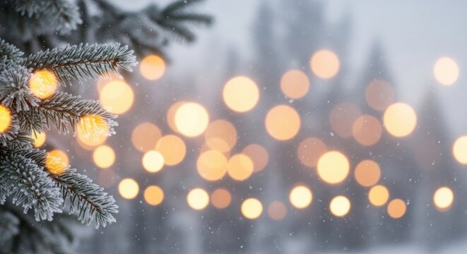 Christmas tree branches with snow and warm lights festive background