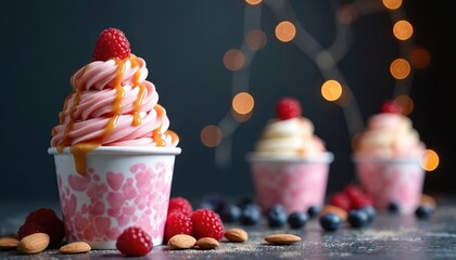 Swirled soft serve ice cream cups topped with fresh raspberries and caramel drizzle. Berries and almonds surround the frozen desserts. Festive blurred lights add a celebratory atmosphere.