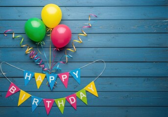 Happy birthday banner and balloons on a rustic blue wooden background, festive celebration decoration
