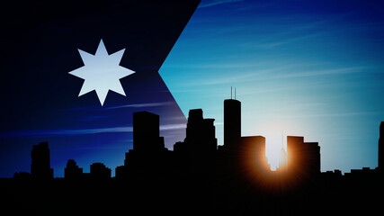 Minneapolis Skyline Bright Sun with new official Minnesota State Flag