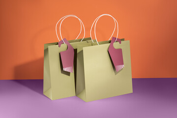 Green paper glossy shopping bag mockup with paper handles	
