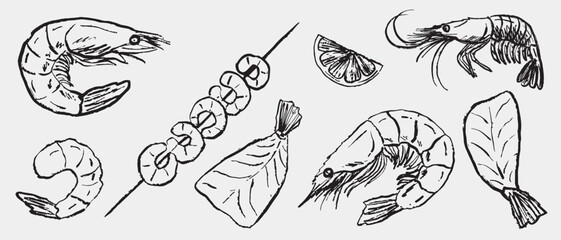 Hand drawn shrimp fish fillets, skewer, lemon wedge, and garnish. Tasty seafood. Vector sketch illustration in vintage crayon charcoal style.