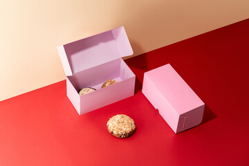 Open pink box mockup without logos for confectionery products