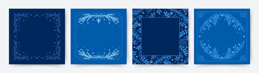 Winter holiday blue backgrounds. Christmas templates. Ornate floral decorative frames with copy space for text, Christmas tree branches, leaves, and snowflakes. Vector illustration
