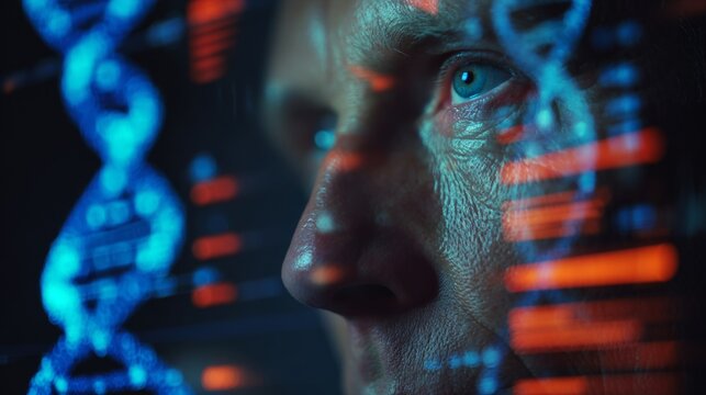Pioneering genetic insights through advanced data analysis. Performance metrics. Advanced genetics exploration with holographic displays creating enriched scenes. Data visualization. - Powered by Adobe
