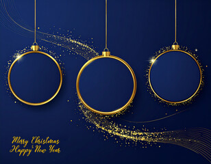 Three elegant gold framed christmas ornaments with glitter on a dark blue background