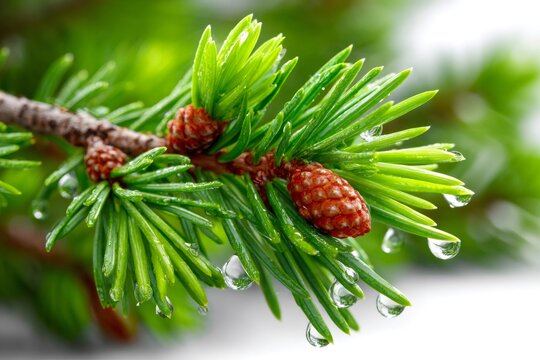 Pine tree branch showing green needles and water drops