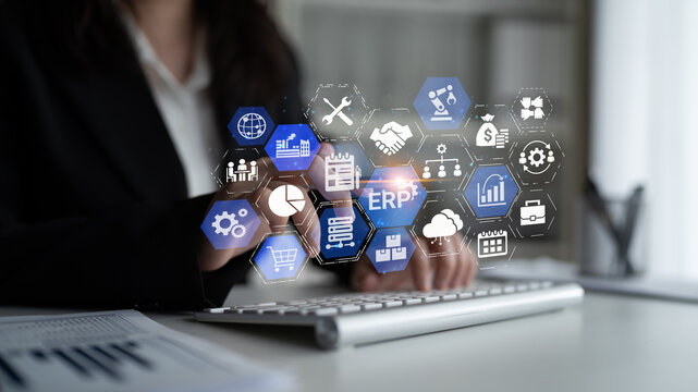 ERP icons show management, integration, and business process. ERP supports data management, ERP efficiency, and ERP organizational solutions. Entice