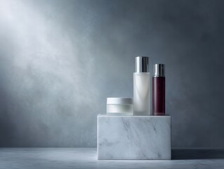 153. luxury skincare products on marble pedestal, modern vibe, controlled studio lighting, ample space for text, ideal for commercial use
