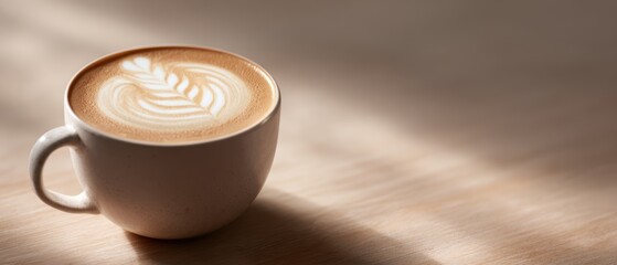 107. coffee cup with latte art on clean wooden table, clean aesthetic, soft diffused glow, minimal composition, brand-safe, no logos